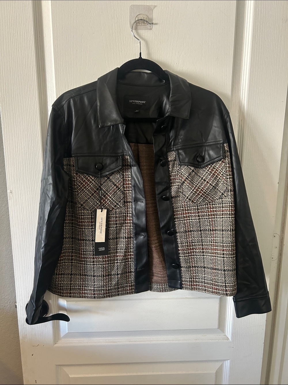 Liverpool Black Leather and Brown Plaid Mixed-Media Bomber Jacket